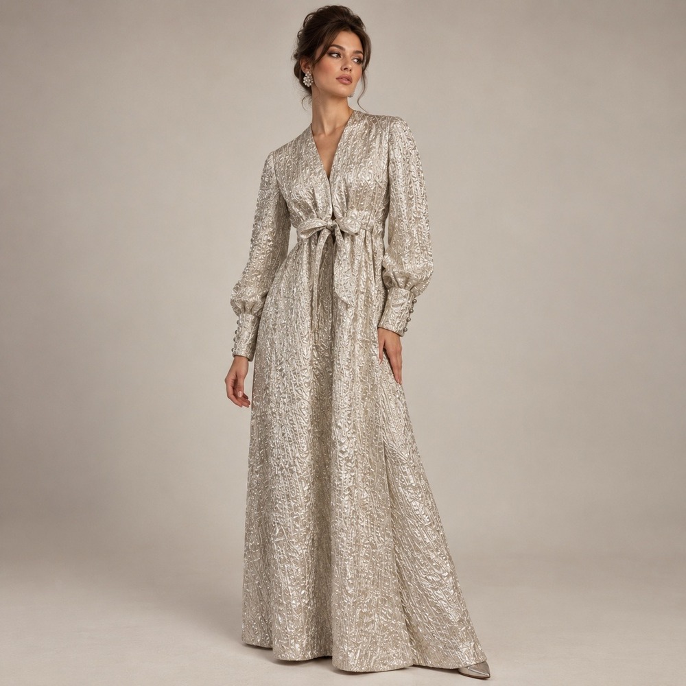 Vintage Maxi Gown Women Silver 60s Brocade Tie Front Metallic Hostess Hollywood